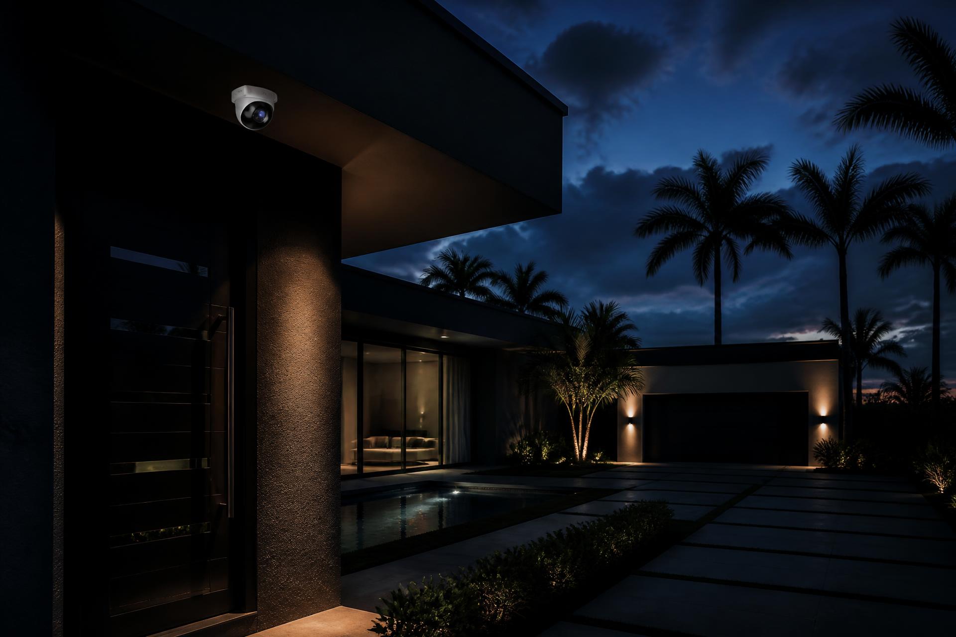 Modern Florida home at dusk with a security camera installed under the eave